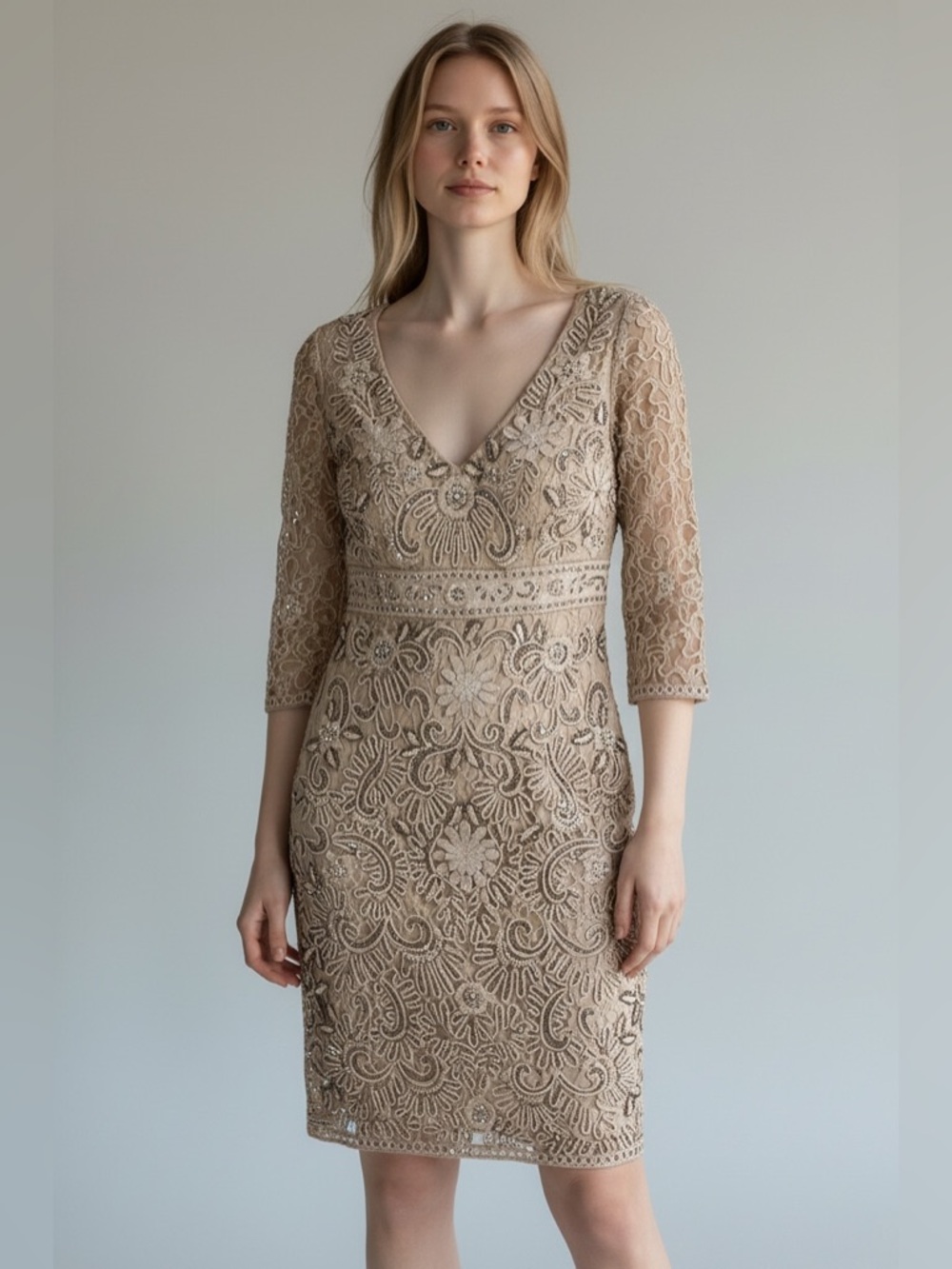 Sue Wong Nocturne Womens Size 2 Sequin Lace Cocktail Dress Champagne
